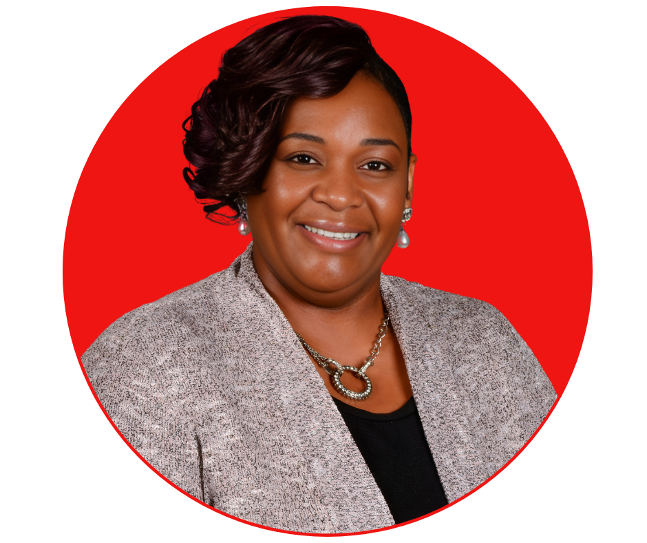 African American woman in business professional attire, surrounded in a red circle.