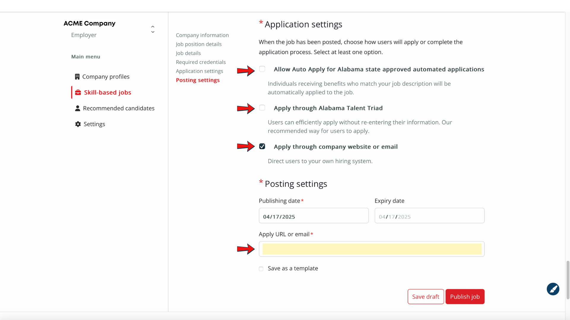 Screenshot of settings available for the employer to set for applicants, indicating whether they can apply directly in the Triad, they can Auto Apply, or via the company's website or direct email.