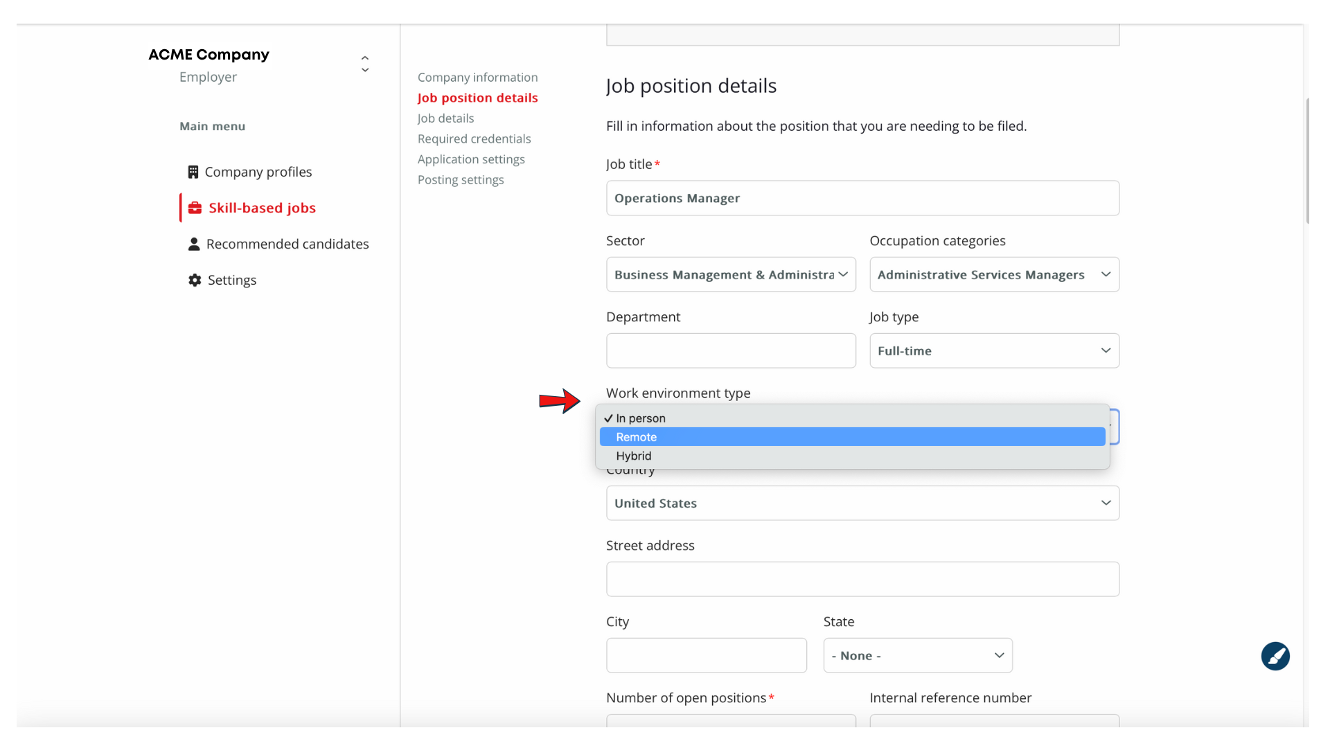 Screenshot of job position details in the platform