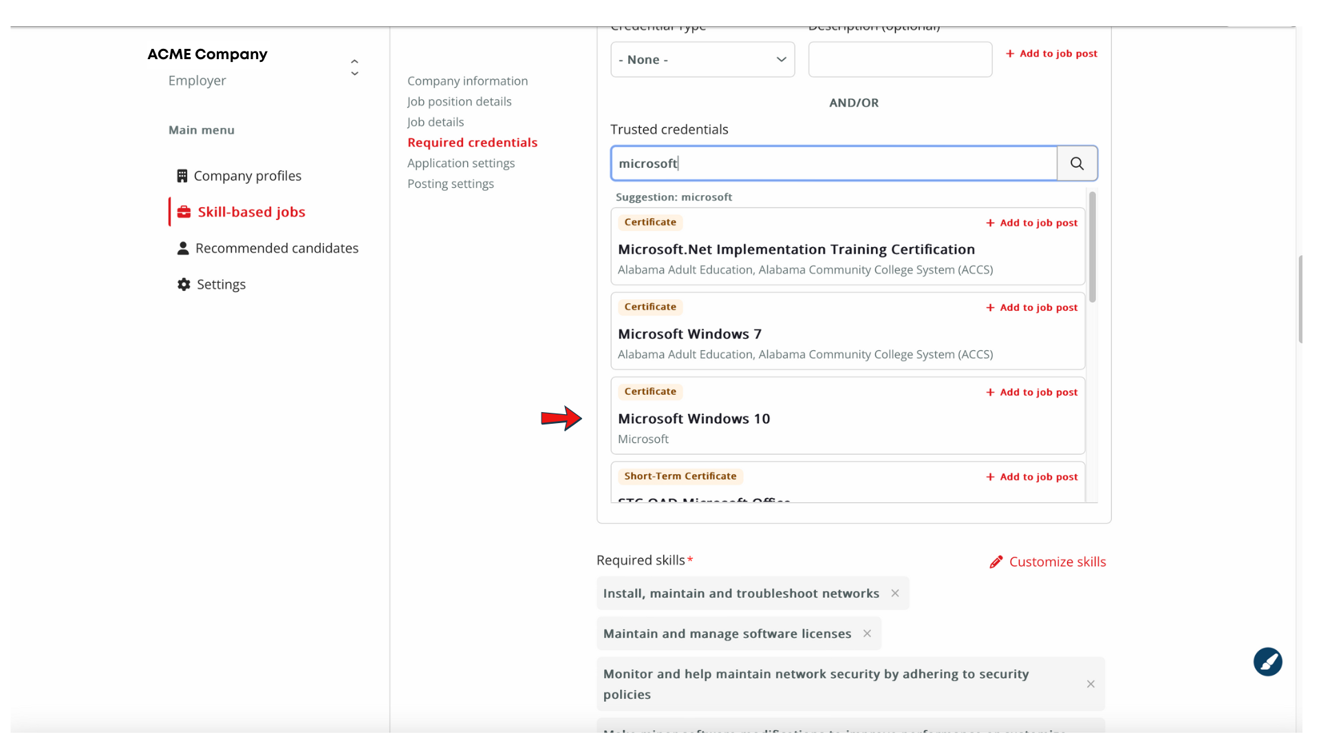 Screenshot of Microsoft credentials as an example of trusted, verifiable credentials available within the Talent Triad.