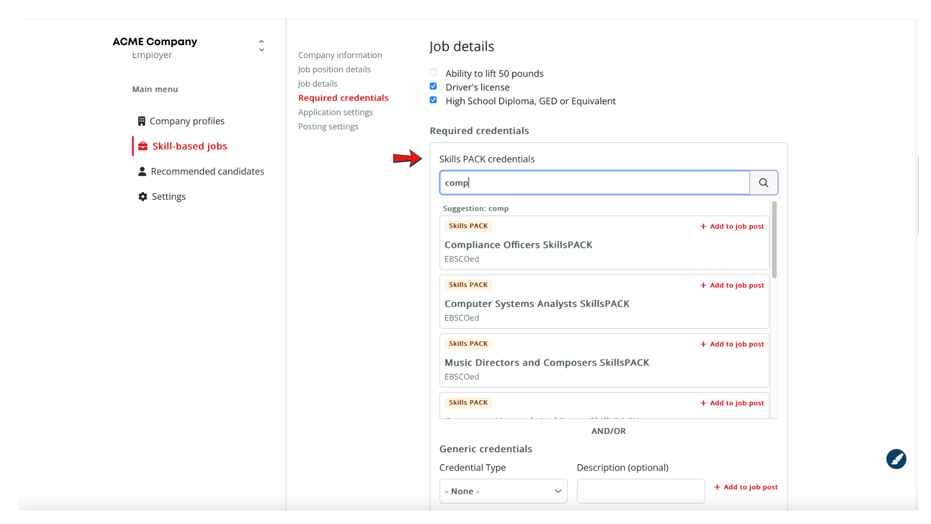 Screenshot of relevant Skills PACKS for the job example provided in this demonstration