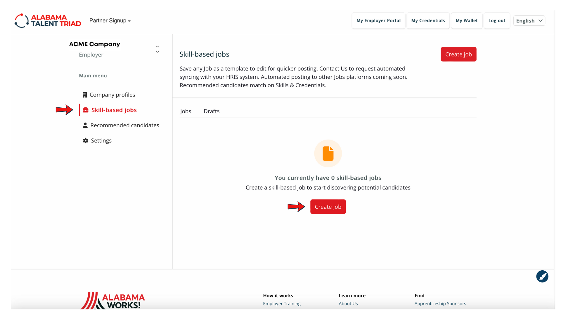 Screenshot of "Skills Based Job" page where you can select to create a job with our Job Description Generator.